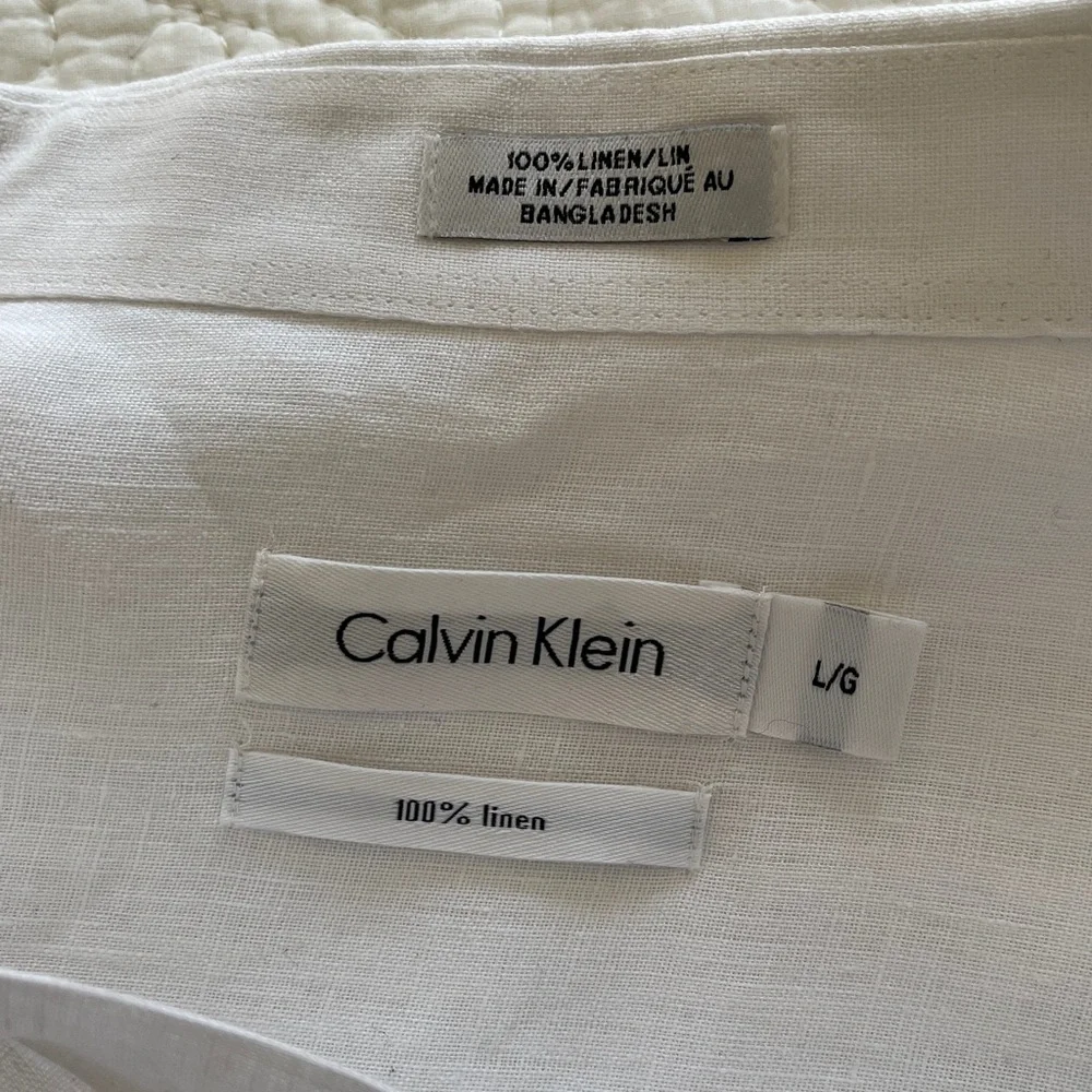 Calvin Klein Linen Shirt‎ Men’s Large White Roll Tab Sleeves Resort Quiet Luxury
